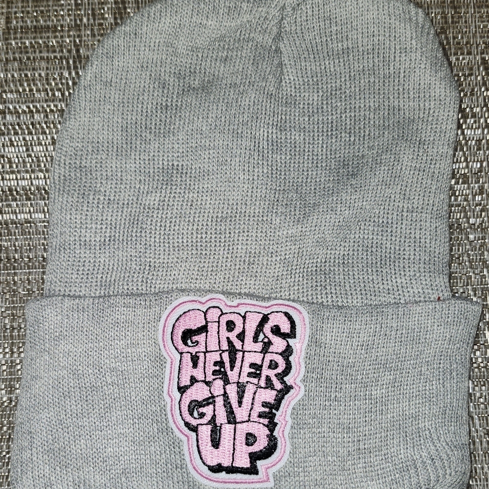Hand Crafted Gray Beanie with Pink Motivational Patch